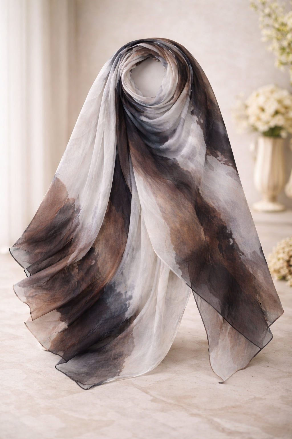 Charcoal and Mocha Marble Watercolor Printed Modal Hijab