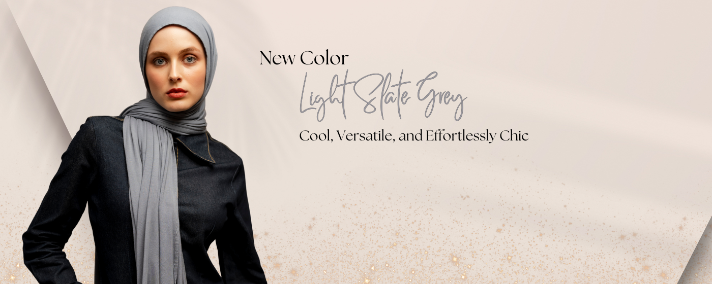 Woman wearing a light slate gray hijab showing our latest color launch perfect for any modern fashion wear