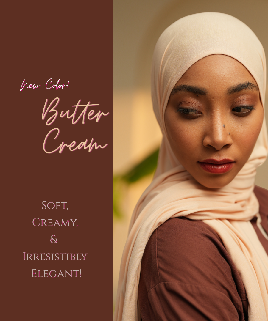 Butter cream jersey hijab worn by woman – breathable modest headscarf for college, office, and daily outfits