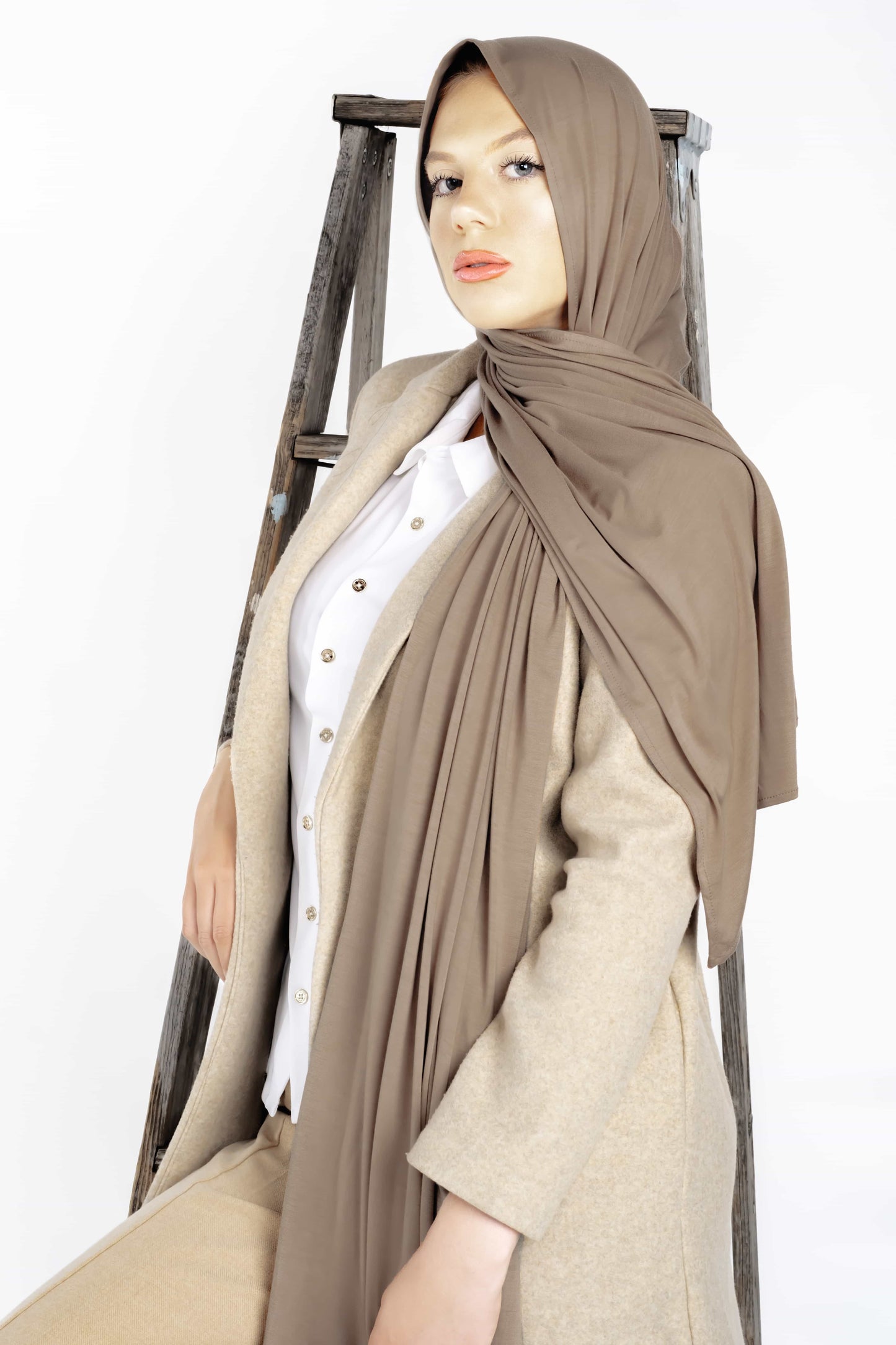 Elegant tan hijab – soft stretch jersey fabric for professional women and office outfits
