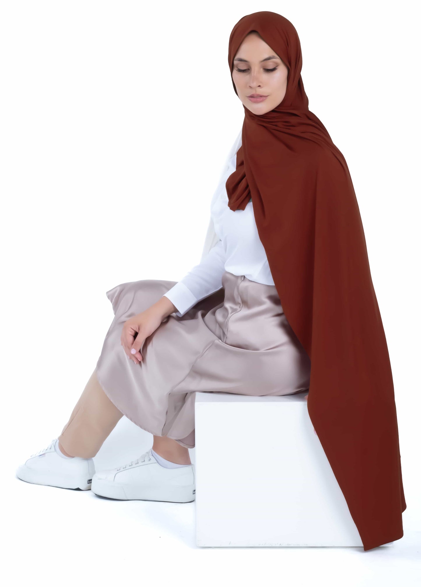 Elegant terracotta hijab – soft stretch jersey scarf for professionals and office wear