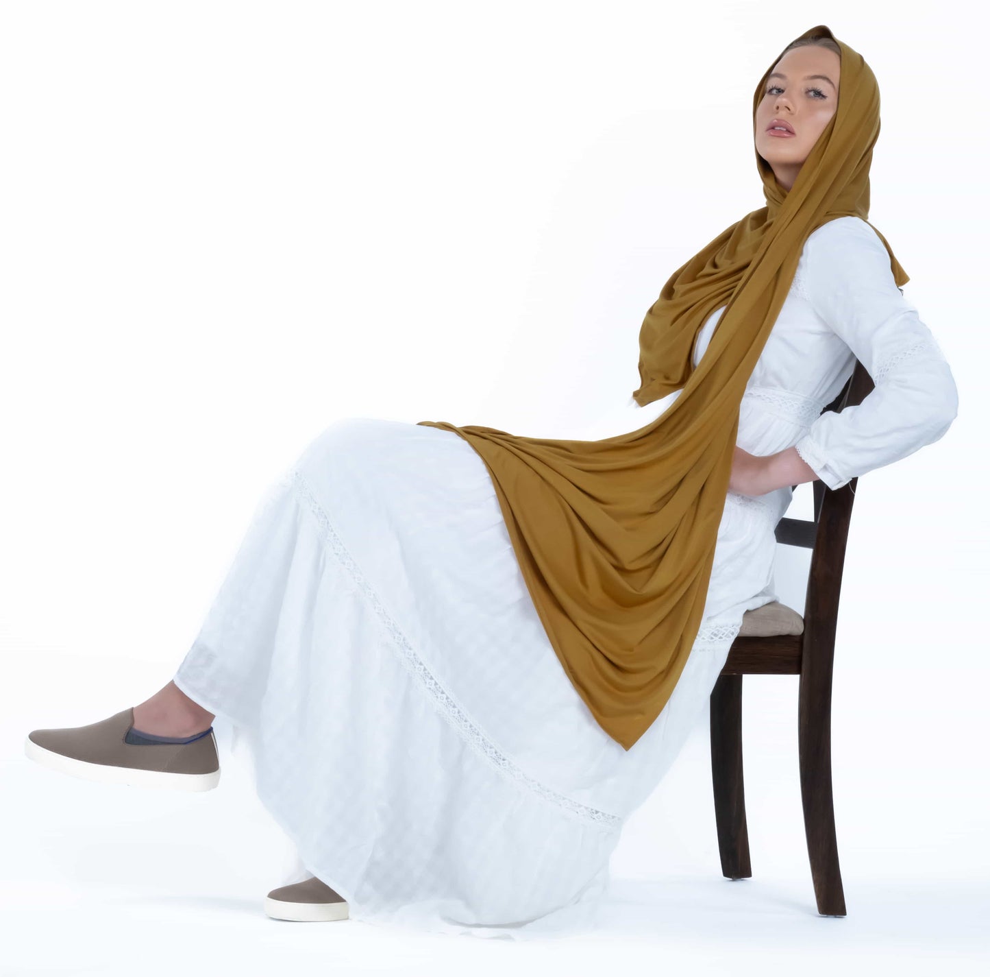 Premium mustard hijab – wrinkle-free jersey headscarf perfect for weddings, Eid, and festive occasions