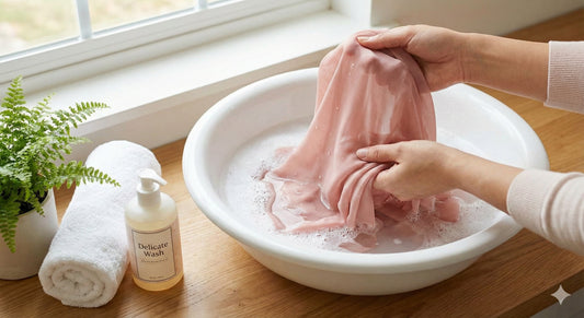 A close-up photograph of hands gently hand washing a delicate pink fabric scarf in a white bowl filled with soapy water, next to a bottle of 'Delicate Wash' soap and a rolled white towel on a wooden surface by a window