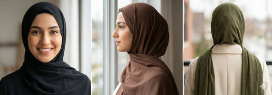 A three-panel photo collage showing a woman wearing a black hijab and smiling from the front, a brown hijab in a side profile by a window, and an olive green hijab from the back on a balcony, demonstrating different modest headscarf styles and colors