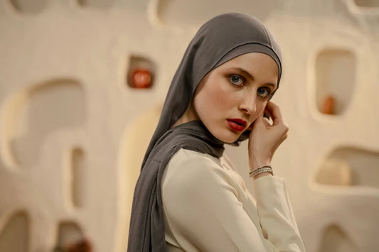 Gray jersey hijab styled for modest fashion