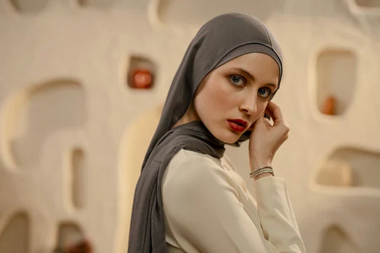 Gray jersey hijab styled for modest fashion