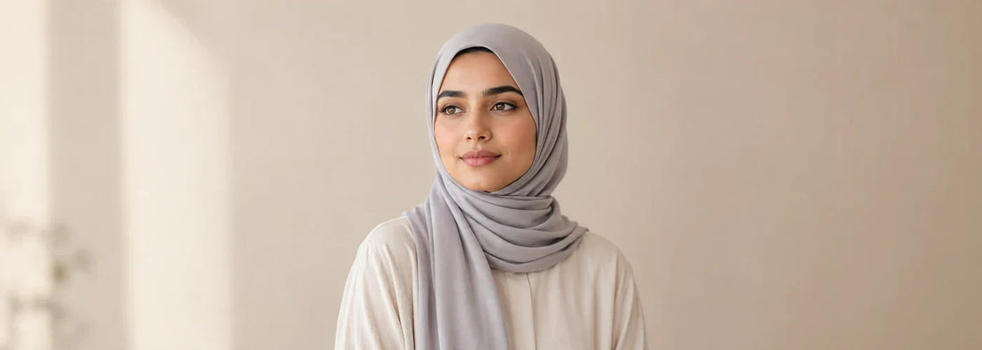 Young woman wearing a soft grey bamboo jersey hijab with a simple everyday wrap — Hijab Elegance beginner guide