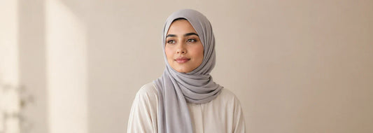 Young woman wearing a soft grey bamboo jersey hijab with a simple everyday wrap — Hijab Elegance beginner guide