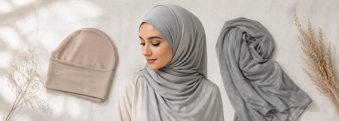 Nude cotton jersey hijab undercap alongside a folded grey bamboo jersey hijab on white linen — Hijab Elegance