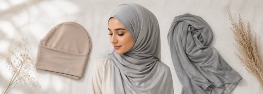 Nude cotton jersey hijab undercap alongside a folded grey bamboo jersey hijab on white linen — Hijab Elegance