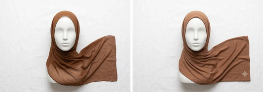 Side-by-side comparison of a mocha modal hijab and a mocha bamboo jersey hijab on mannequin heads — showing modal's fluid drape on the left versus bamboo jersey's structured hold on the right — Hijab Elegance
