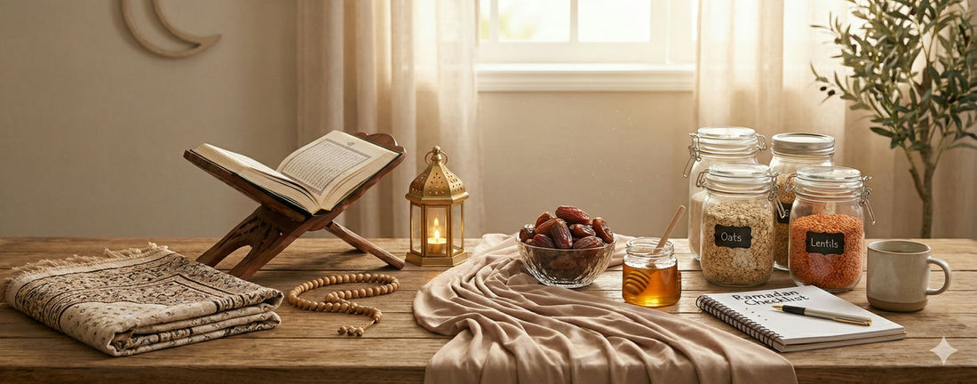 A warm, sunlit banner image for a pre-Ramadan checklist, featuring an open Quran on a stand, a prayer rug, a bowl of dates, jars of pantry staples, and a notebook labeled 'Ramadan Checklist' on a wooden table.