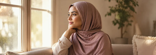 Woman in a dusty rose modal hijab sitting by a window in morning light, reflecting on wearing hijab