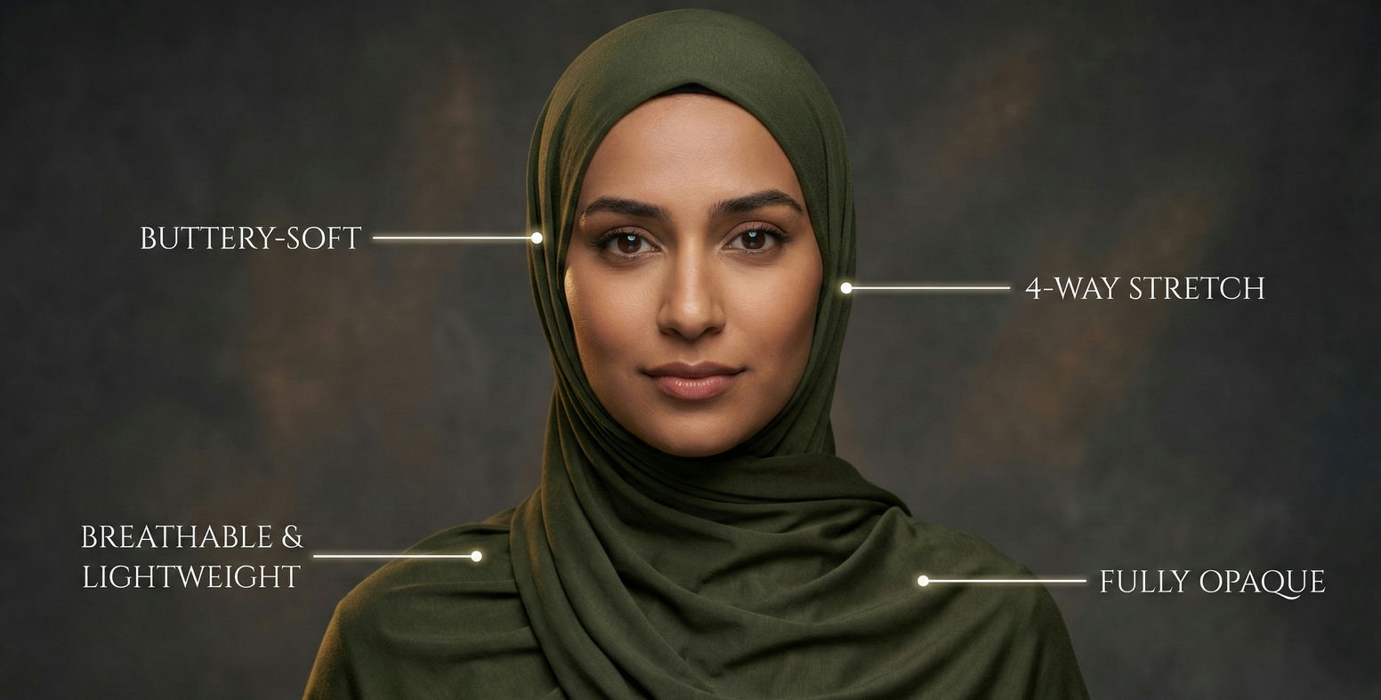 Woman wearing a green bamboo jersey hijab with text describing its features on a dark background