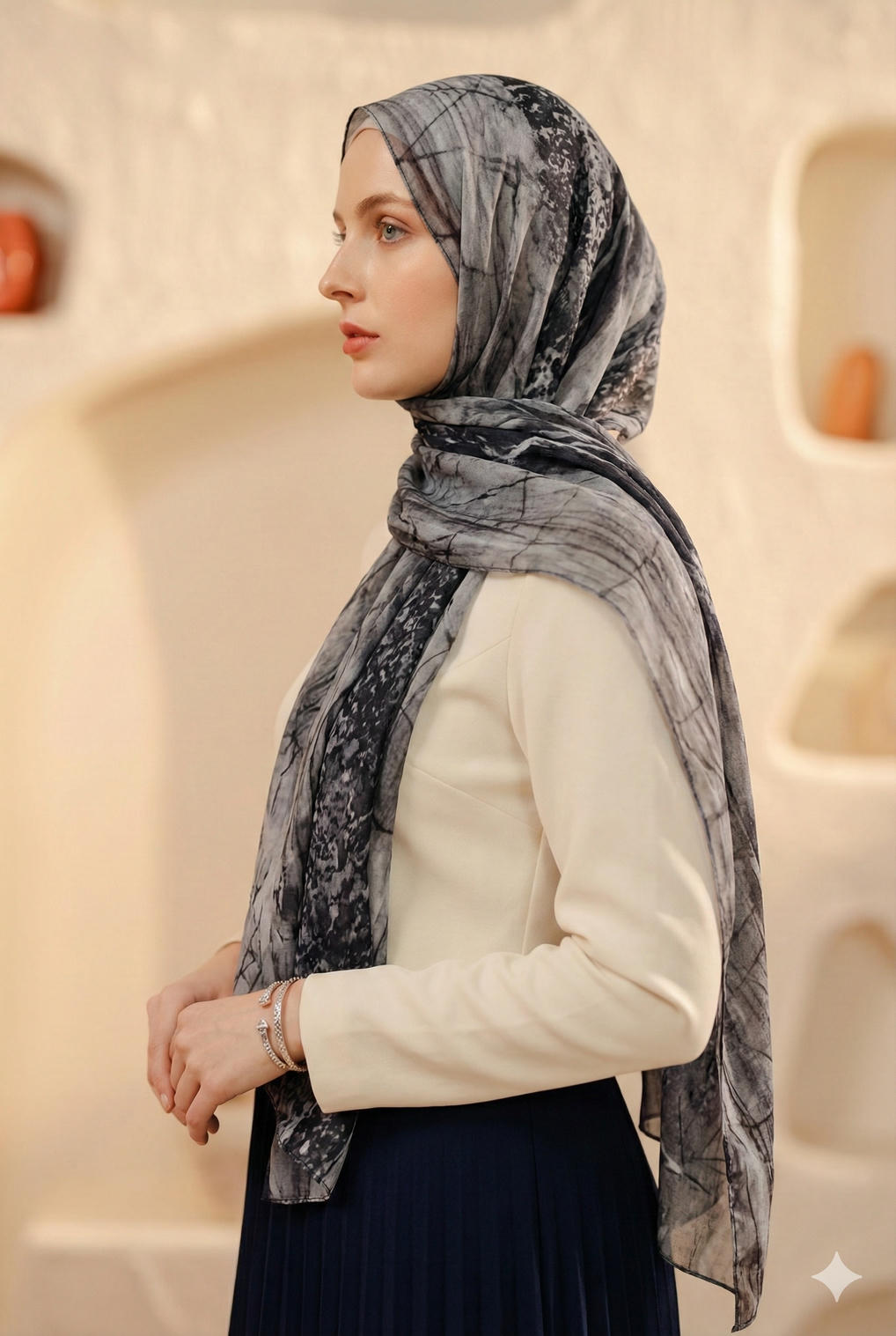 Black noir marble print modal hijab draped elegantly on a model, showcasing intricate patterns and soft fabric.