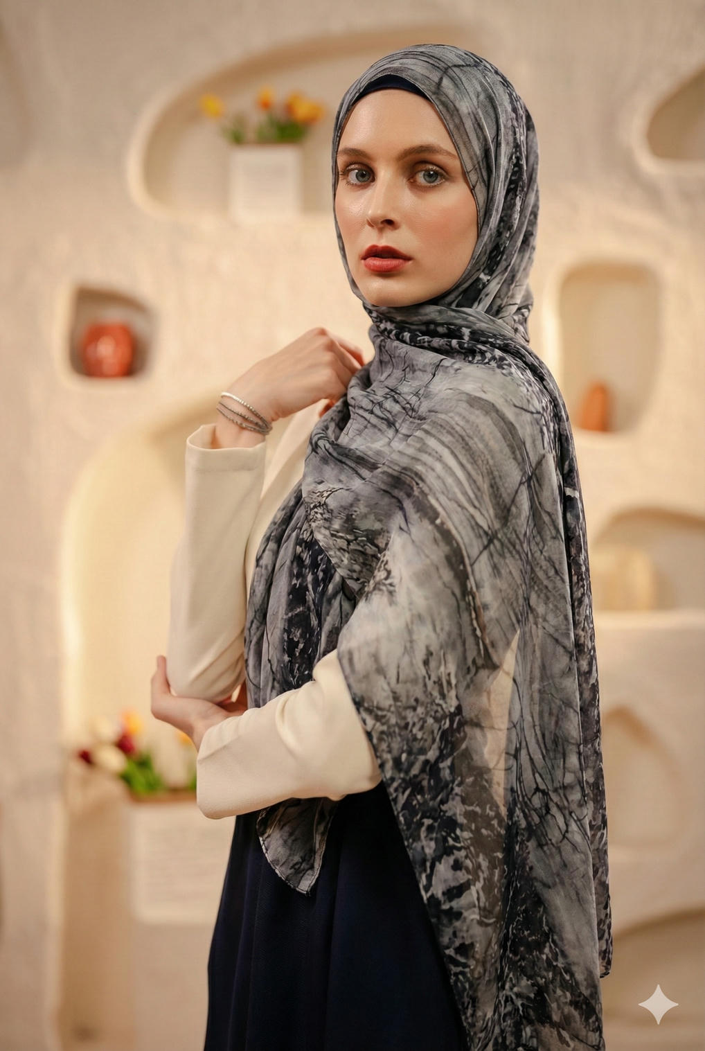 Black noir marble print modal hijab draped elegantly over a model, showcasing shades of black and gray.