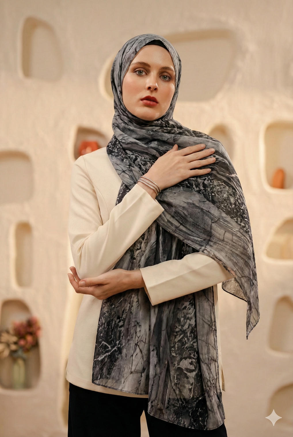 Black noir marble print modal hijab worn by a model, showcasing shades of black and gray with a soft drape.
