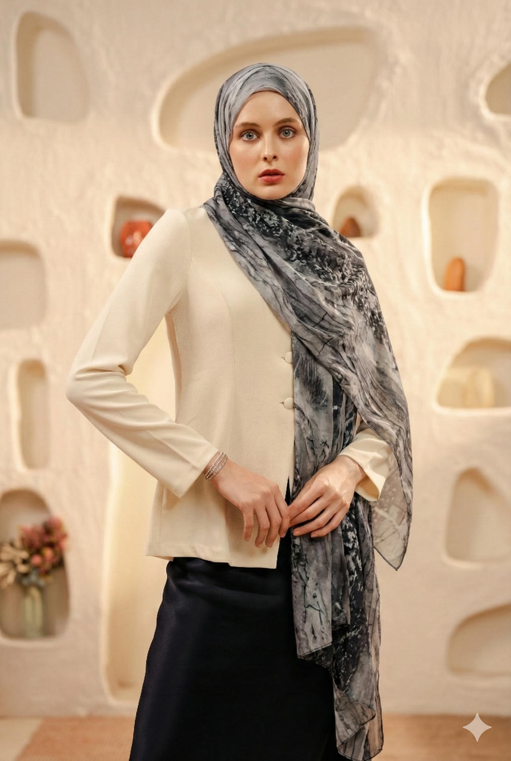 Black noir marble print modal hijab draped elegantly over a model wearing a cream blazer and black skirt.
