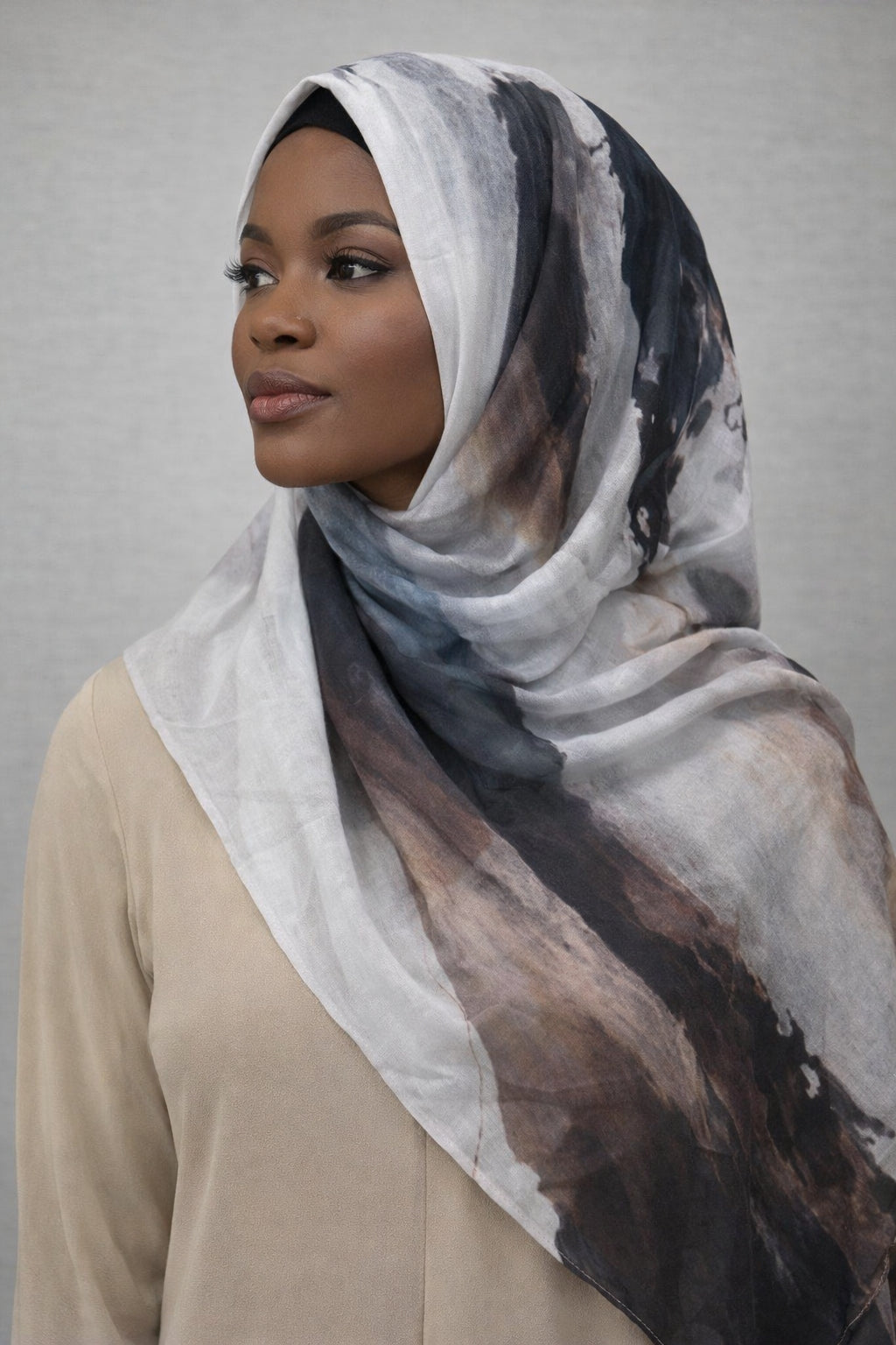 Charcoal and Mocha Marble Watercolor Printed Modal Hijab