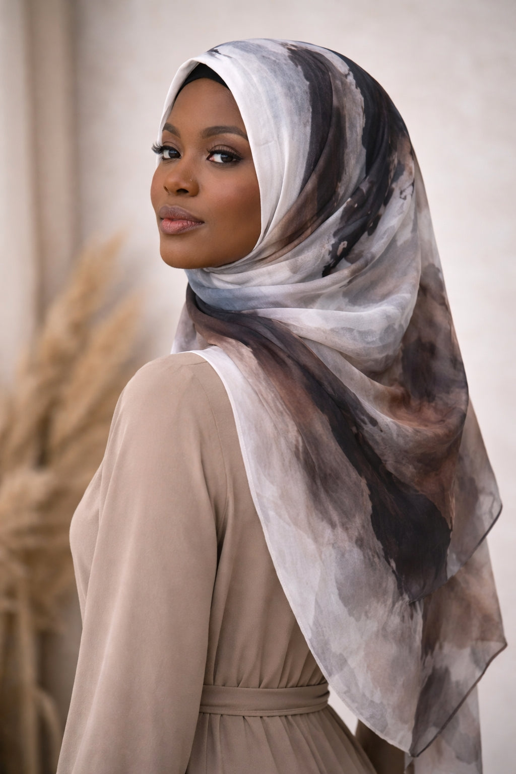 Charcoal and Mocha Marble Watercolor Printed Modal Hijab