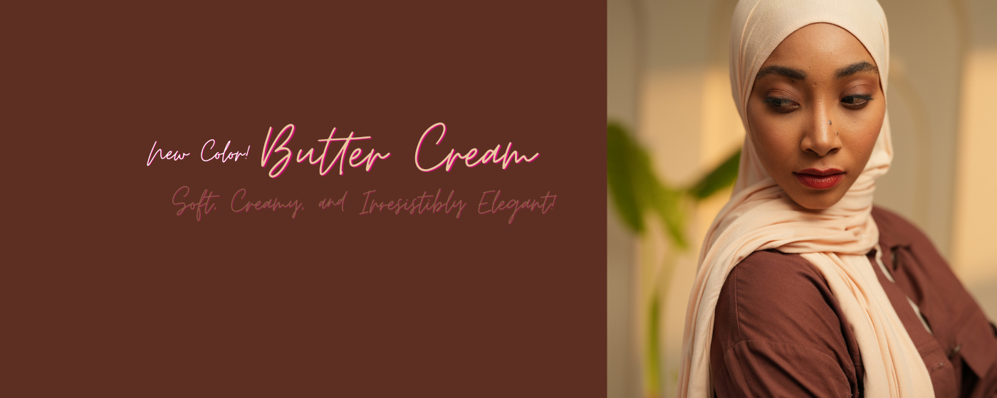 Woman wearing a hijab with text about 'New Color Butter Cream' on a brown background