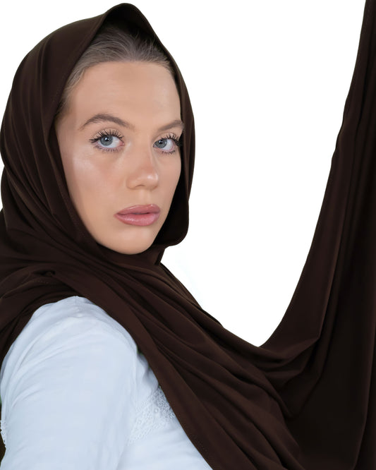 Coffee brown jersey hijab – soft, breathable scarf for college girls and young women