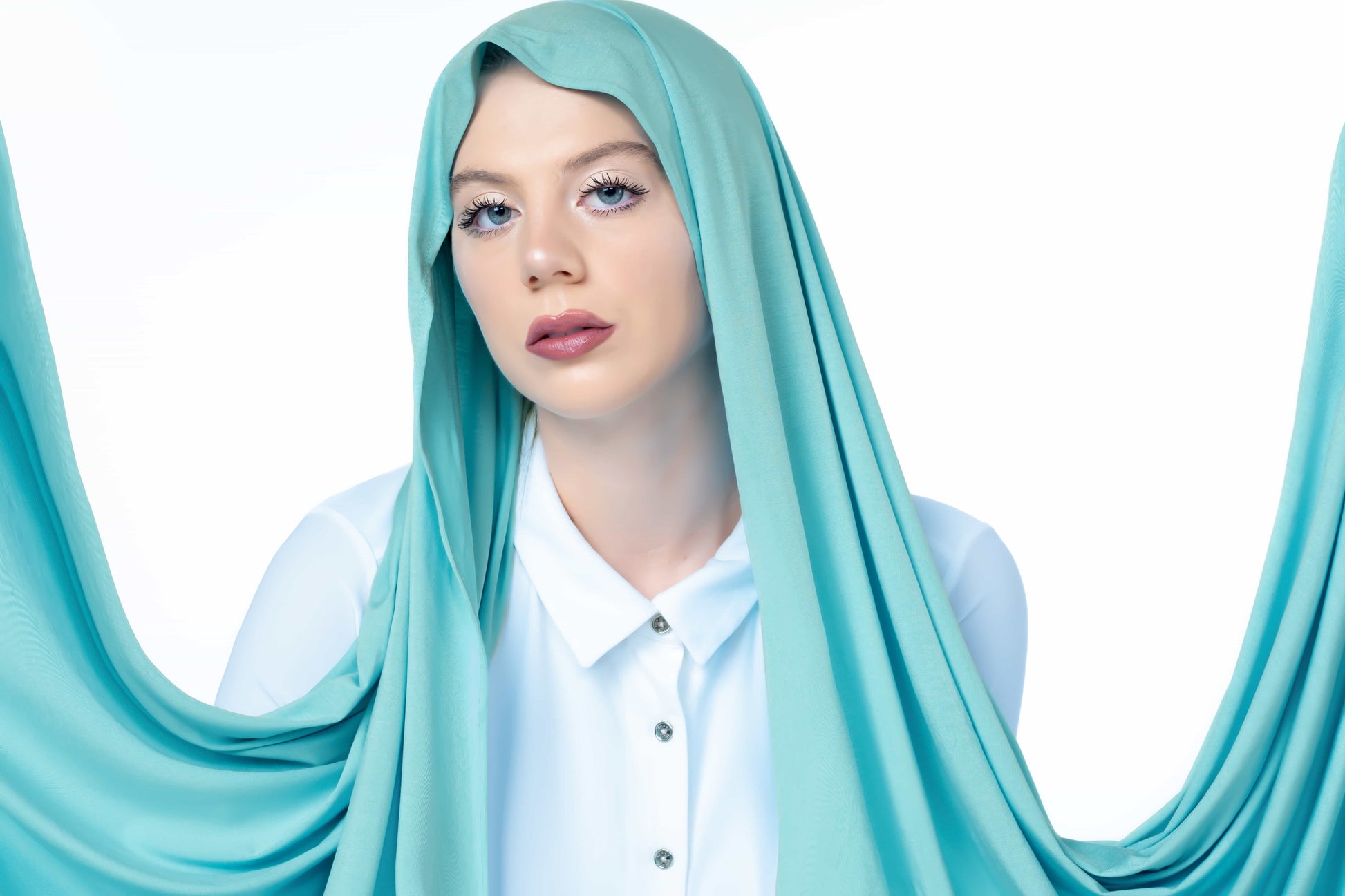 Elegant cotton candy blue hijab – soft stretch jersey scarf for professionals and casual chic outfits