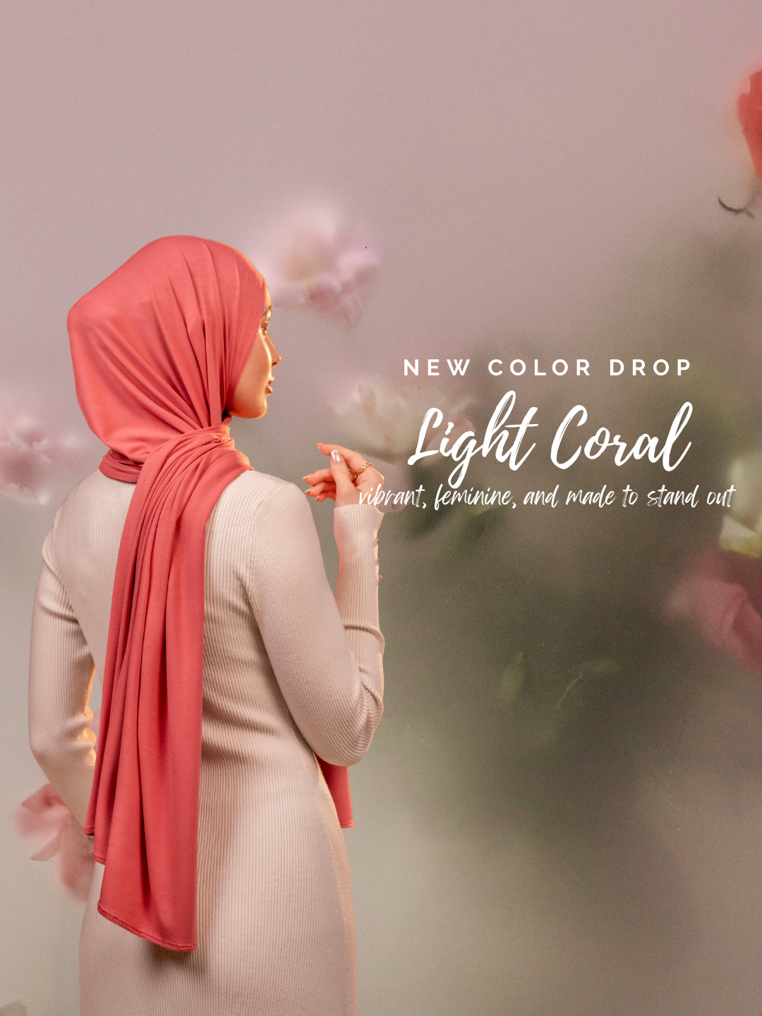 Woman in light coral pink hijab – breathable modest scarf with floral details on pastel background