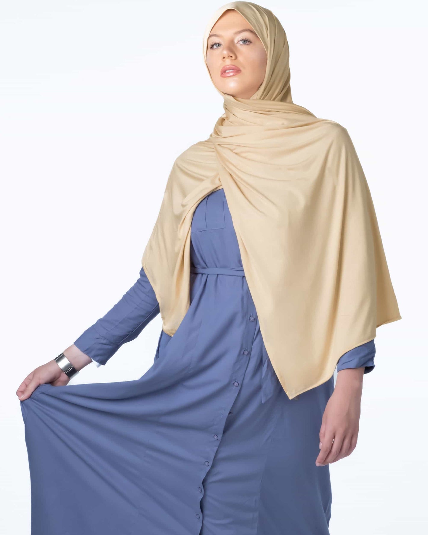Elegant blanched almond hijab in lightweight jersey fabric – professional scarf for office wear and business meetings