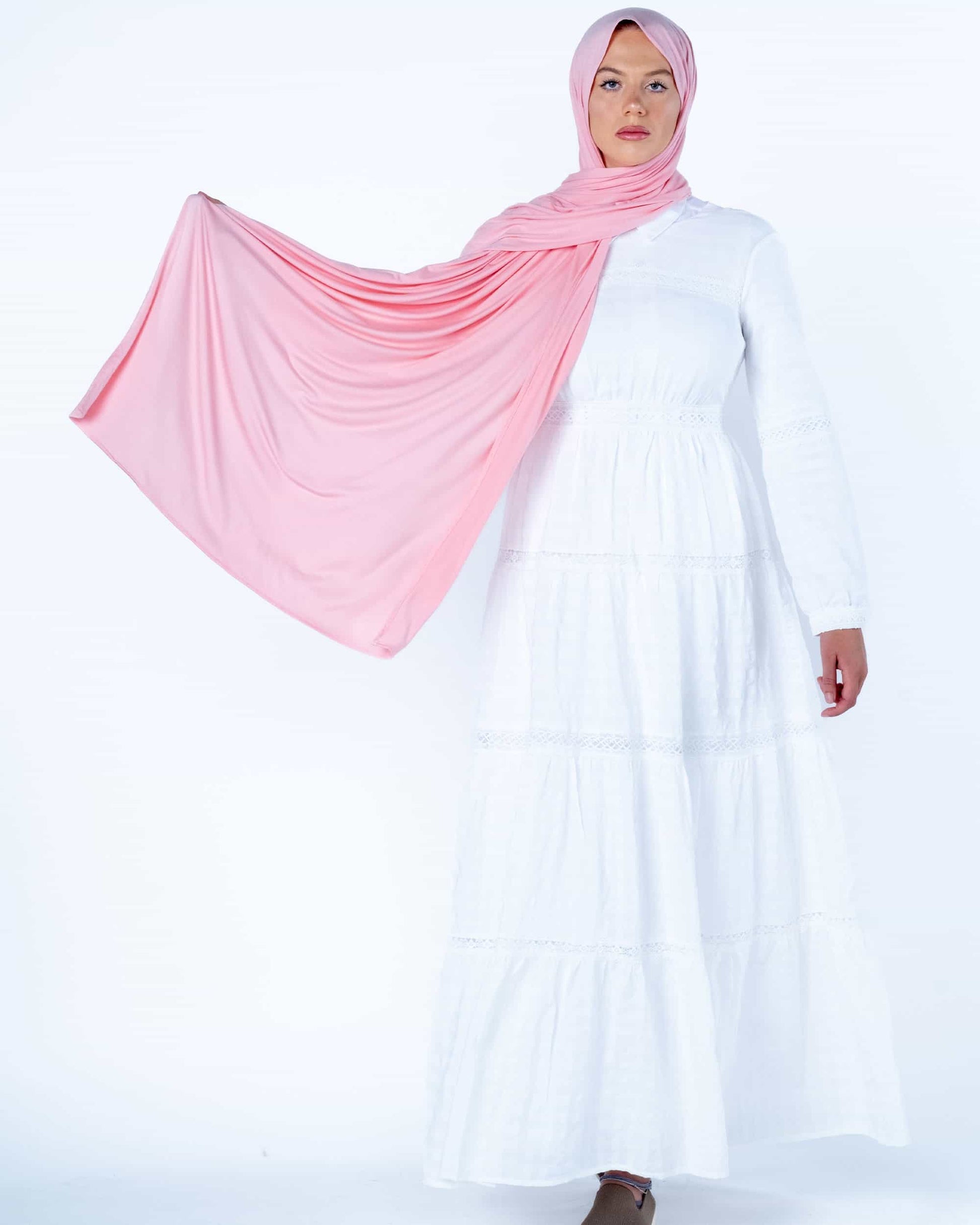 Premium Light Corelle pink hijab – wrinkle-free jersey scarf perfect for weddings, Eid, and cultural occasions