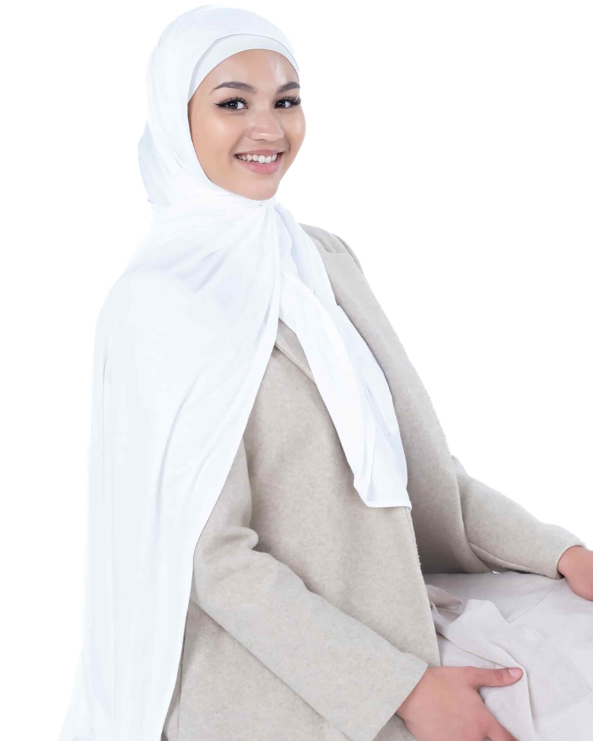 Premium white hijab – wrinkle-free jersey scarf perfect for weddings, Eid, and cultural occasions